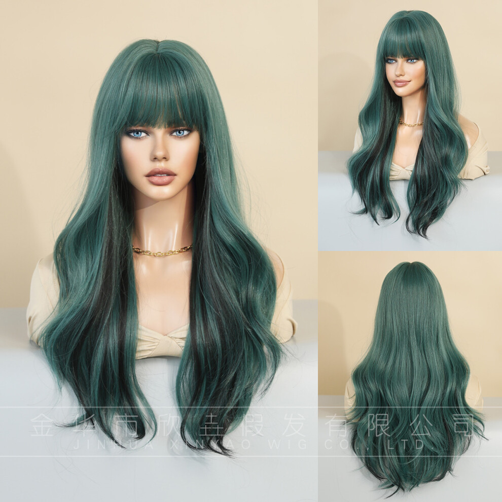 (Seaweed Green (Black Highlight)_62cm 24.4INCH) NEW Long Wavy Purple Highlight Wigs with Bangs for Women Daily
