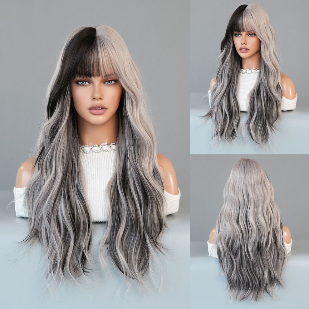 ((Model Features) Silver Gray Powder_68cm 26 Inch) NEW Silver Highlights Ash Wig Synthetic Long Wavy Wig With Bangs
