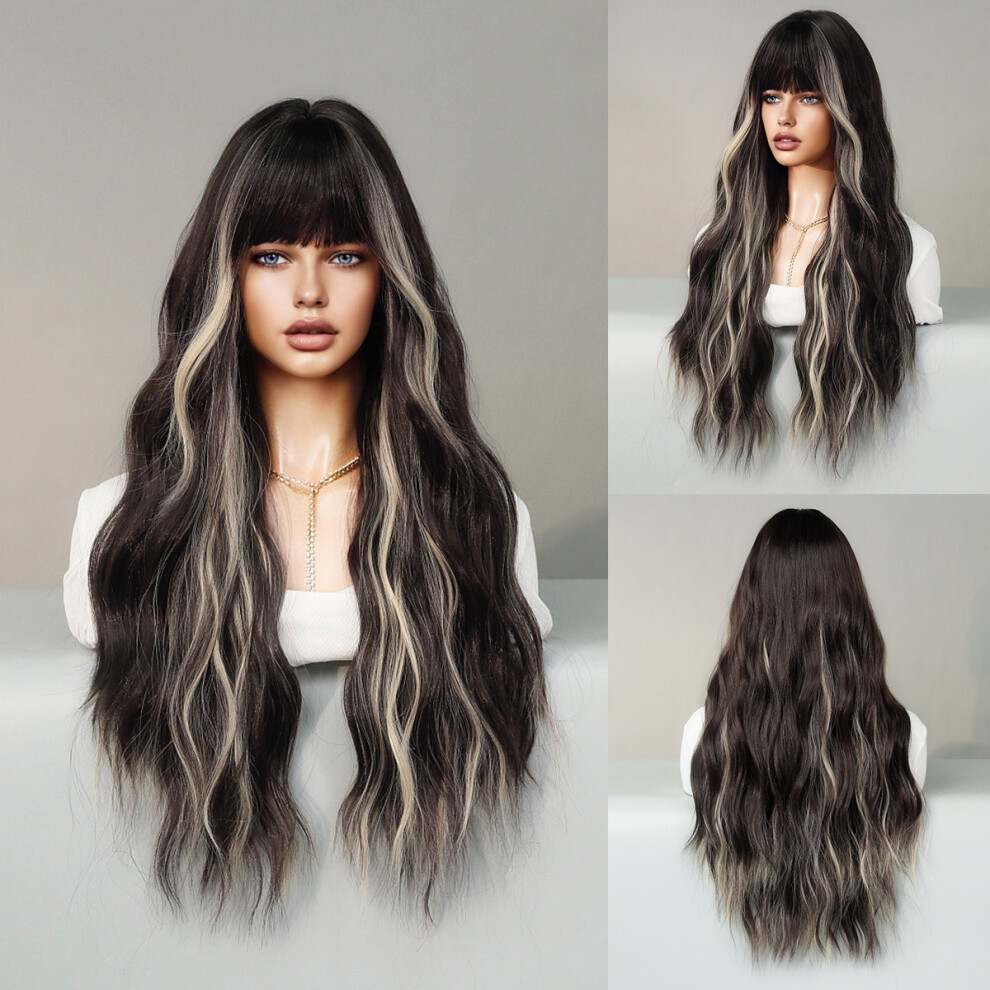 (Black picks beige_70cm 28 Inch) NEW Silver Highlights Ash Wig Synthetic Long Wavy Wig With Bangs