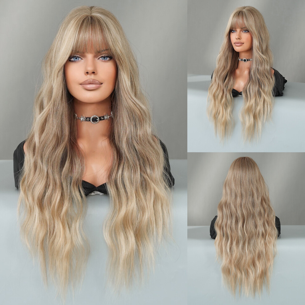 (Gray gold gradient_70cm 28 Inch) NEW Silver Highlights Ash Wig Synthetic Long Wavy Wig With Bangs