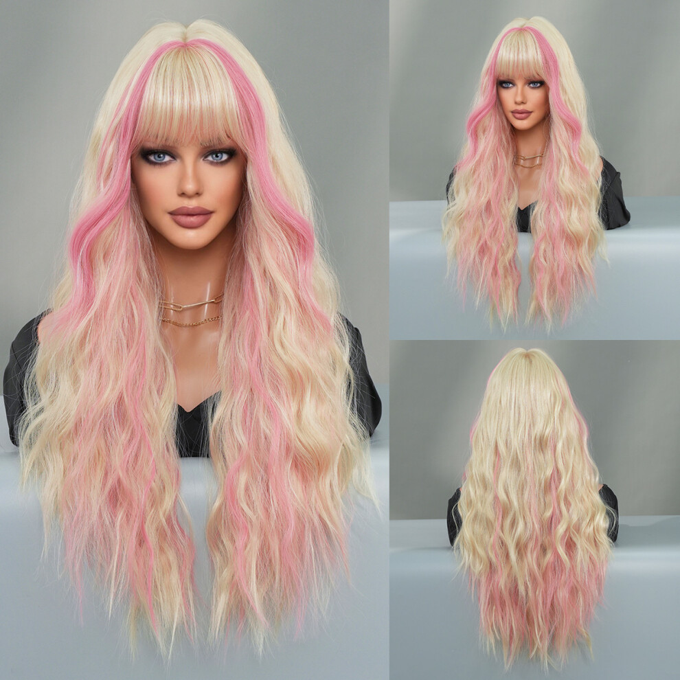 (White peach powder gold highlighting_70cm 28 Inch) NEW Silver Highlights Ash Wig Synthetic Long Wavy Wig With Bangs