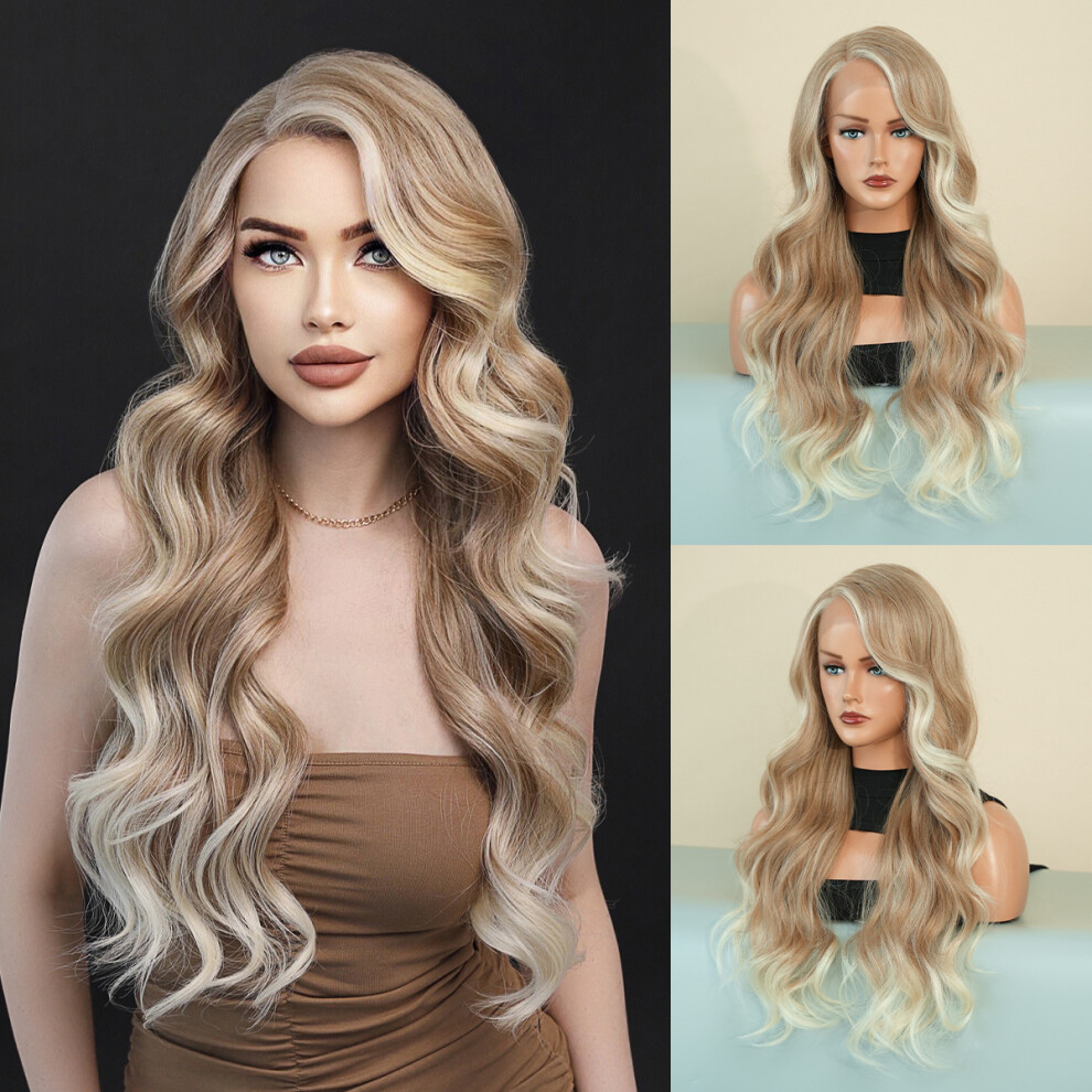 Unisex Brown (Rice Gradient Beige_70cm 28 Inch) New T Lace Wig European And American Women Wig Side Reddish Gradient Wavy Long Curly Chemical Fiber Lac