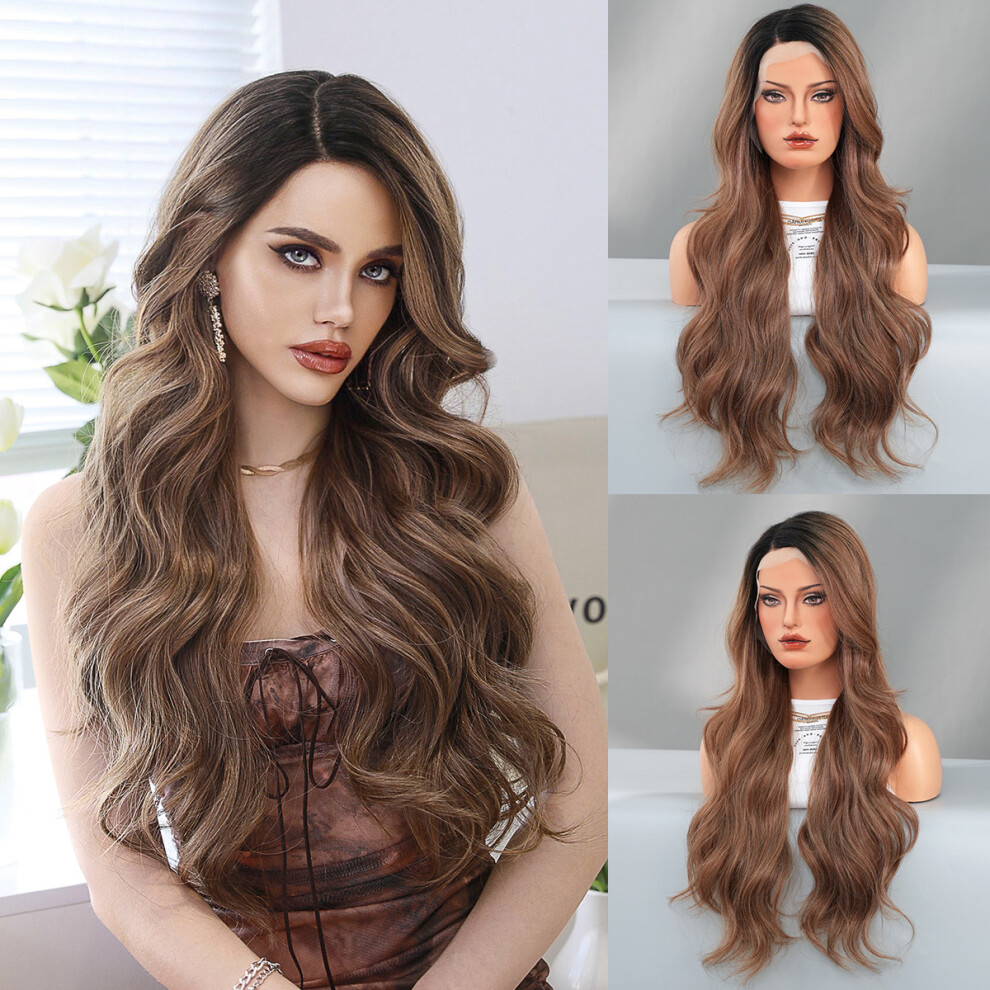 Unisex Brown (Mocha _70Cm 28 Inch) New T Lace Wig European And American Women Wig Side Reddish Gradient Wavy Long Curly Chemical Fiber Lace Wig
