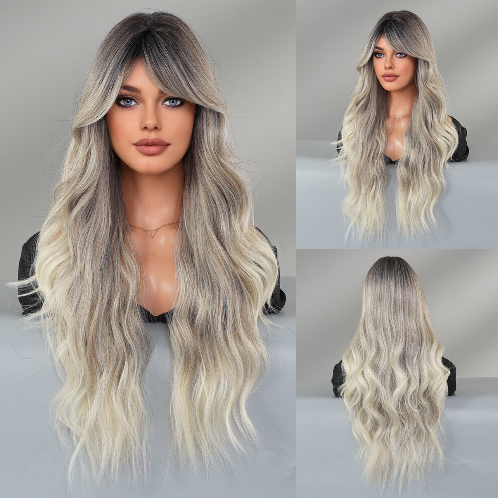 (Misty gray gradient top dyeing_70cm 28Inch) New brown long curly hair slanted large wave wig women's chemical fiber high temperature silk wig