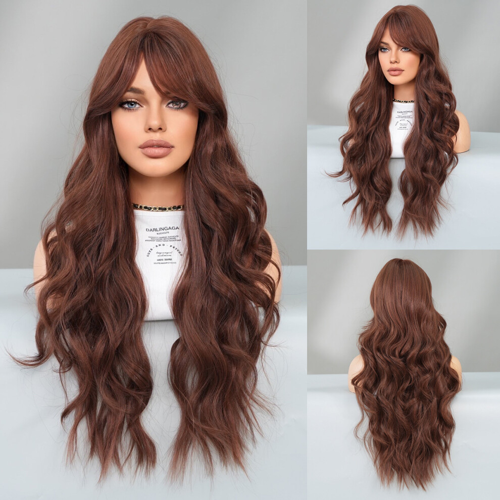 ((Model Features) Cocoa Brown_70cm 28Inch) New brown long curly hair slanted large wave wig women's chemical fiber high temperature silk wig