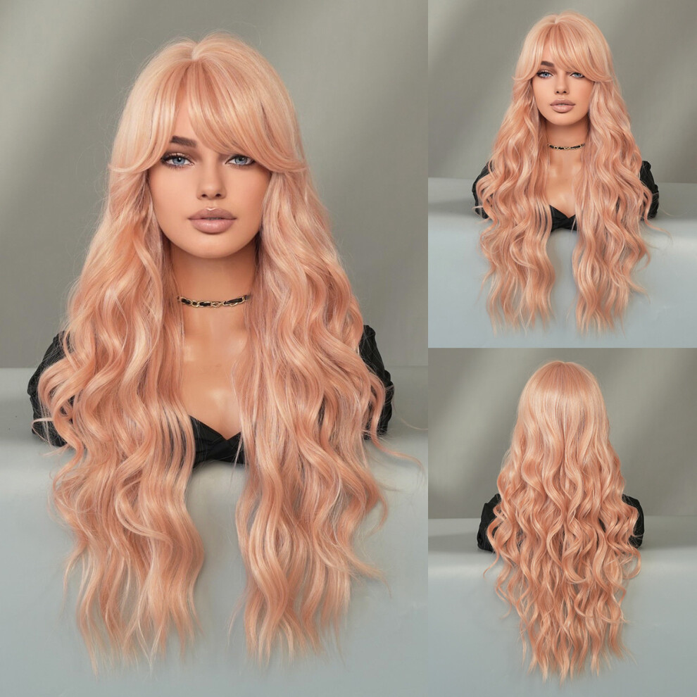 (Fantasy Pink Orange_70cm 28Inch) New brown long curly hair slanted large wave wig women's chemical fiber high temperature silk wig