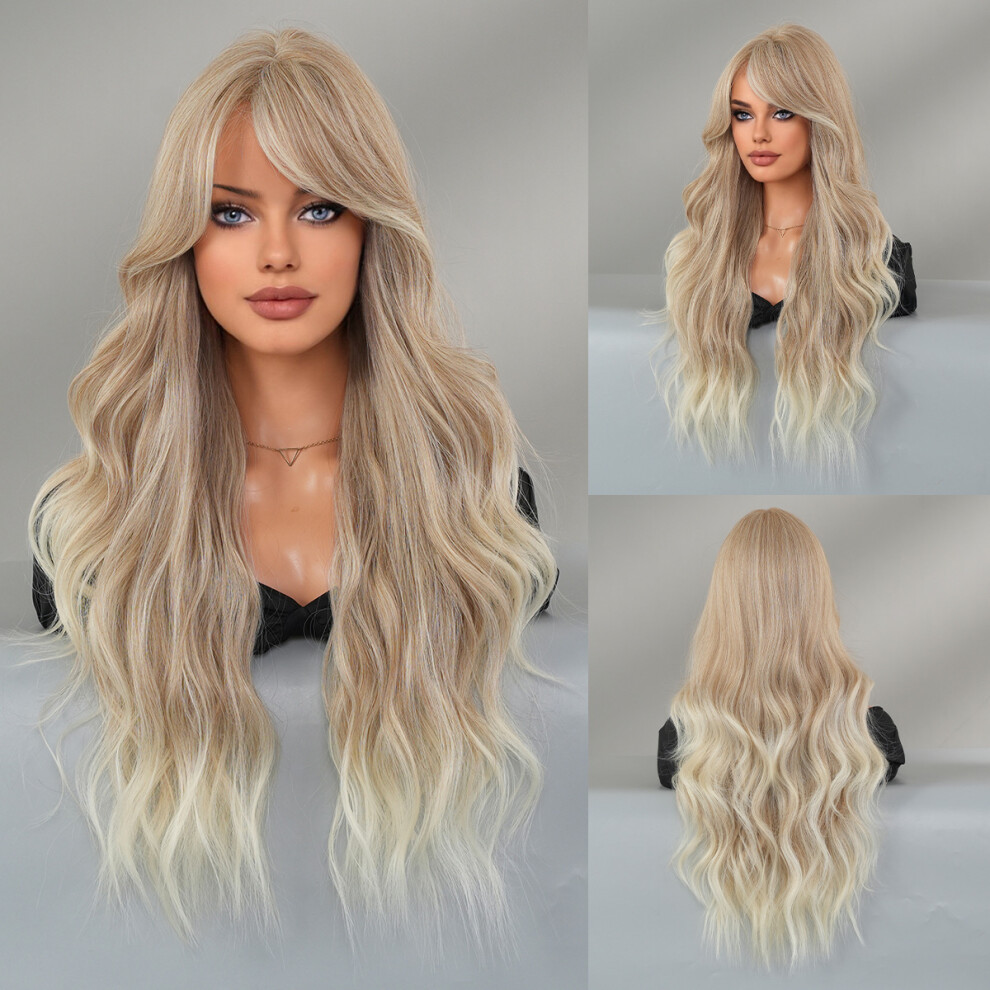 (Rice brown gradient beige_70cm 28Inch) New brown long curly hair slanted large wave wig women's chemical fiber high temperature silk wig