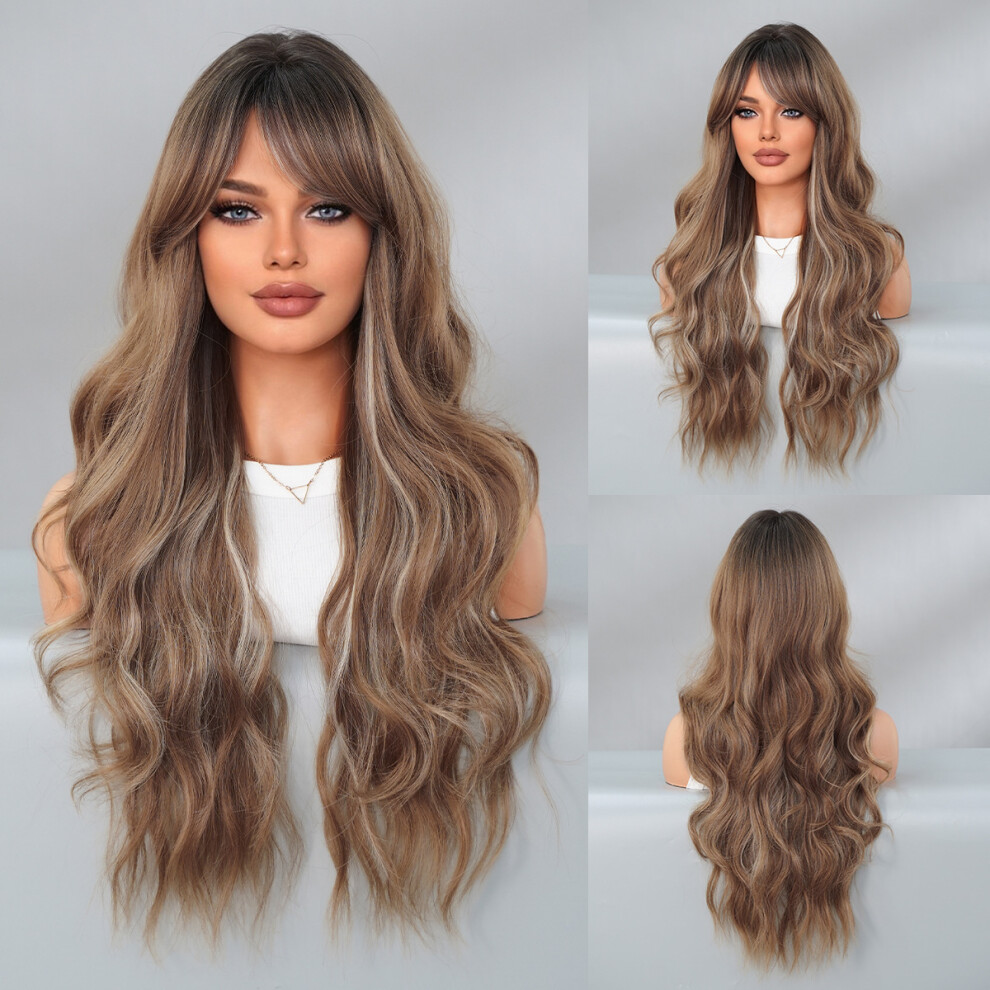 (Flax ash top dyeing_70cm 28Inch) New brown long curly hair slanted large wave wig women's chemical fiber high temperature silk wig