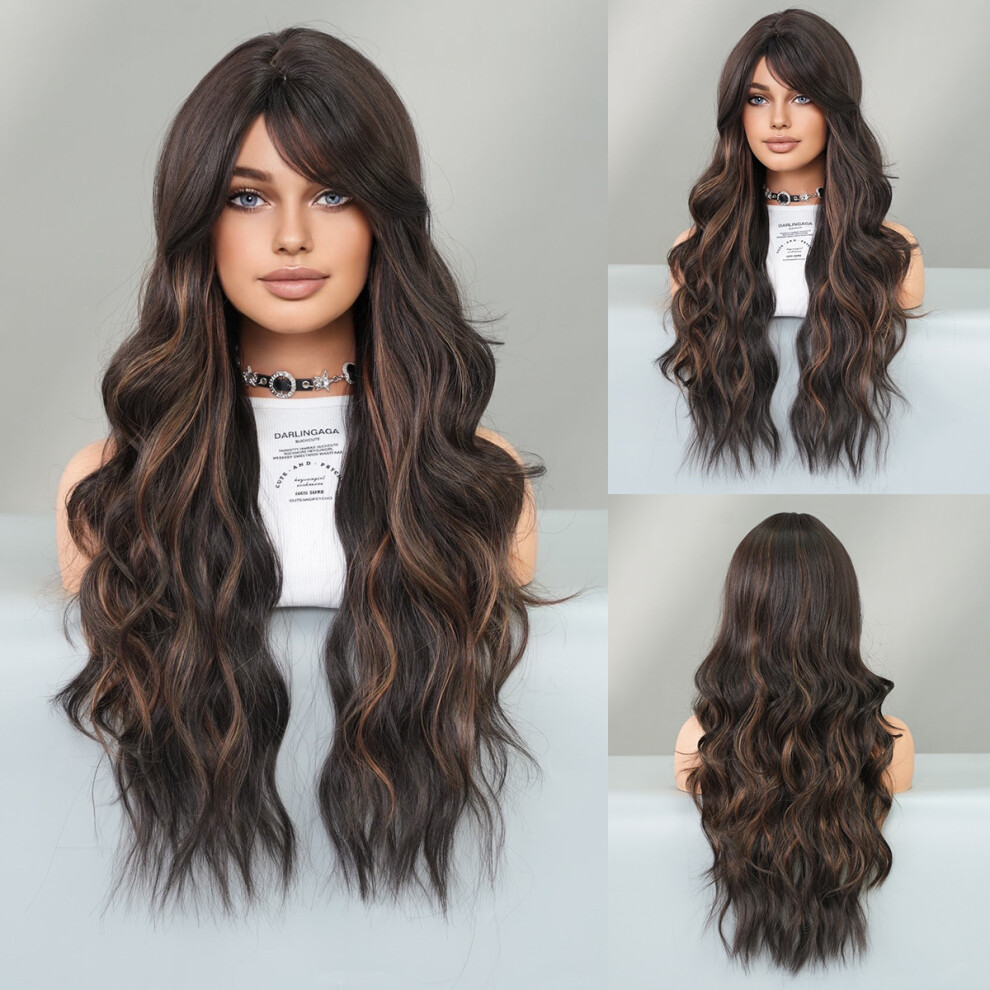 (Black gold picking_70cm 28Inch) New brown long curly hair slanted large wave wig women's chemical fiber high temperature silk wig