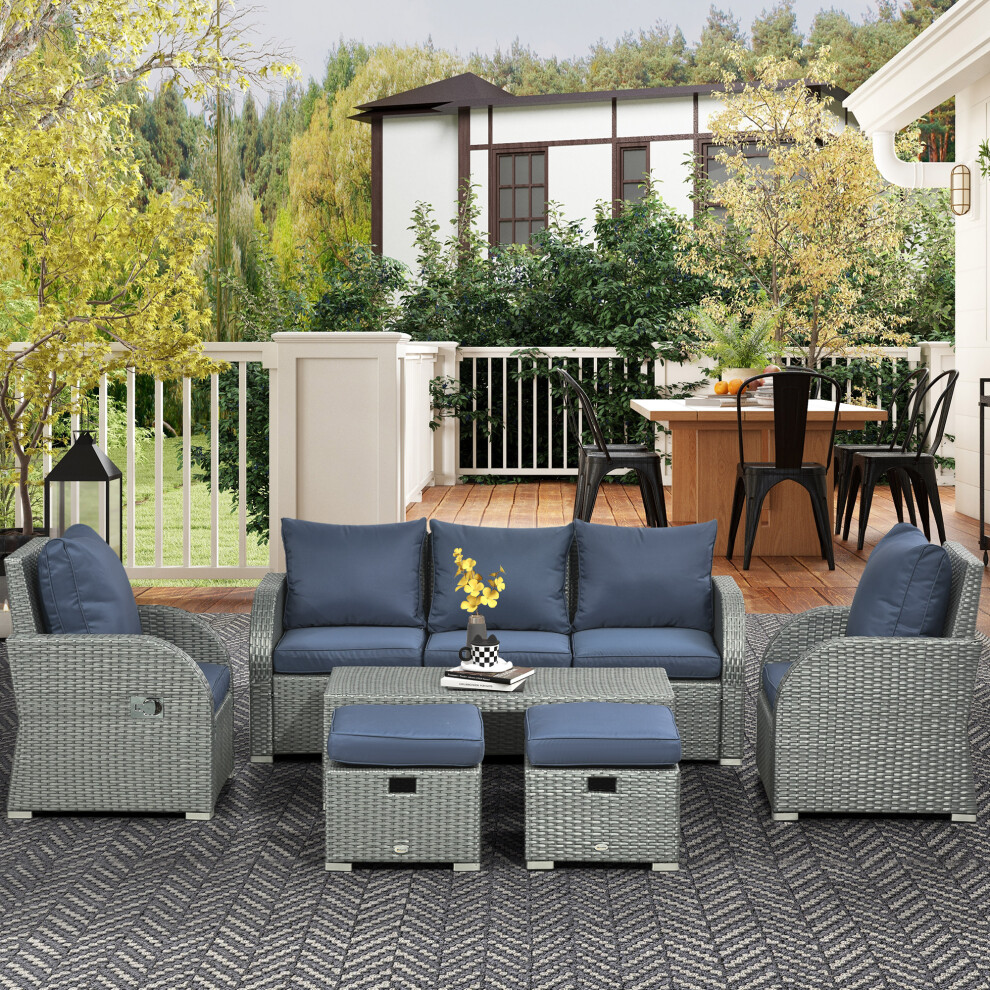 Outsunny 6Pc Padded Outdoor Rattan Wicker 3-Seat Sofa Recliner Footstool Table
