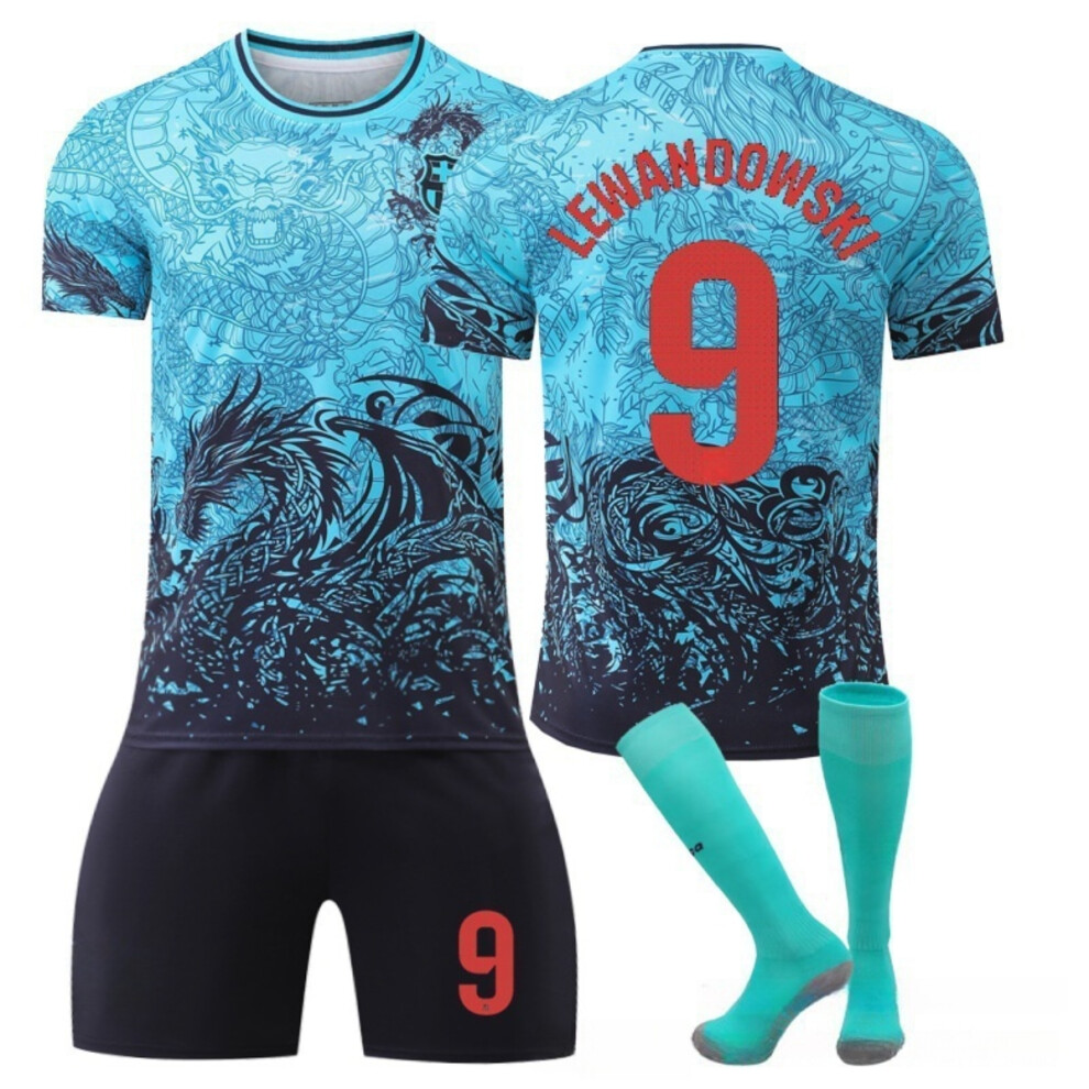 (26(140-150CM)) 25/26 Blue Dragon Pattern Activewear No.9 Lewandowski Football Fans Training Shirt Kits For Kids And Adults