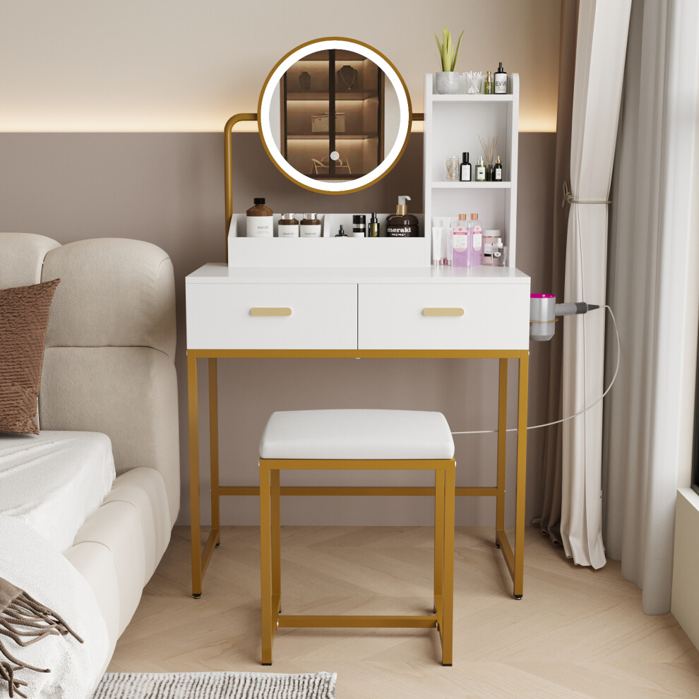Vanity Dressing Table LED Lighted Mirror Stool Set 2 Drawer Shelves
