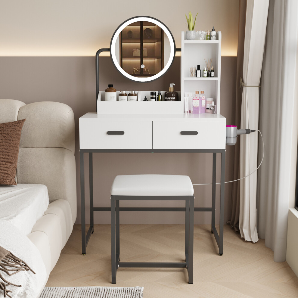 Modern Dressing Table 3 Color LED Lighted Mirror Vanity Desk Stool Set