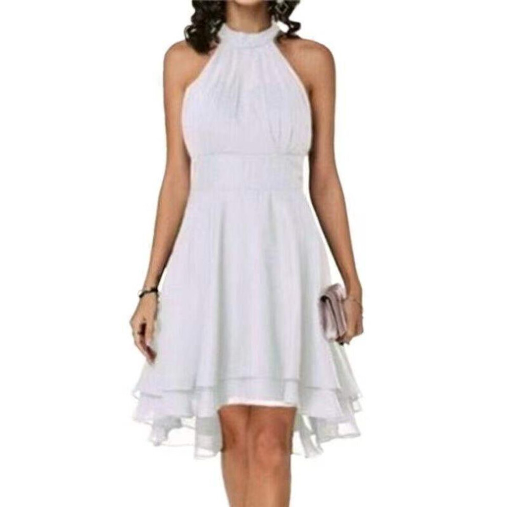 (white, L) Women's Fashion Summer Solid Color Cutout Back Layered Sleeveless Chiffon Party Evening Dresses Plus Size S-5xl