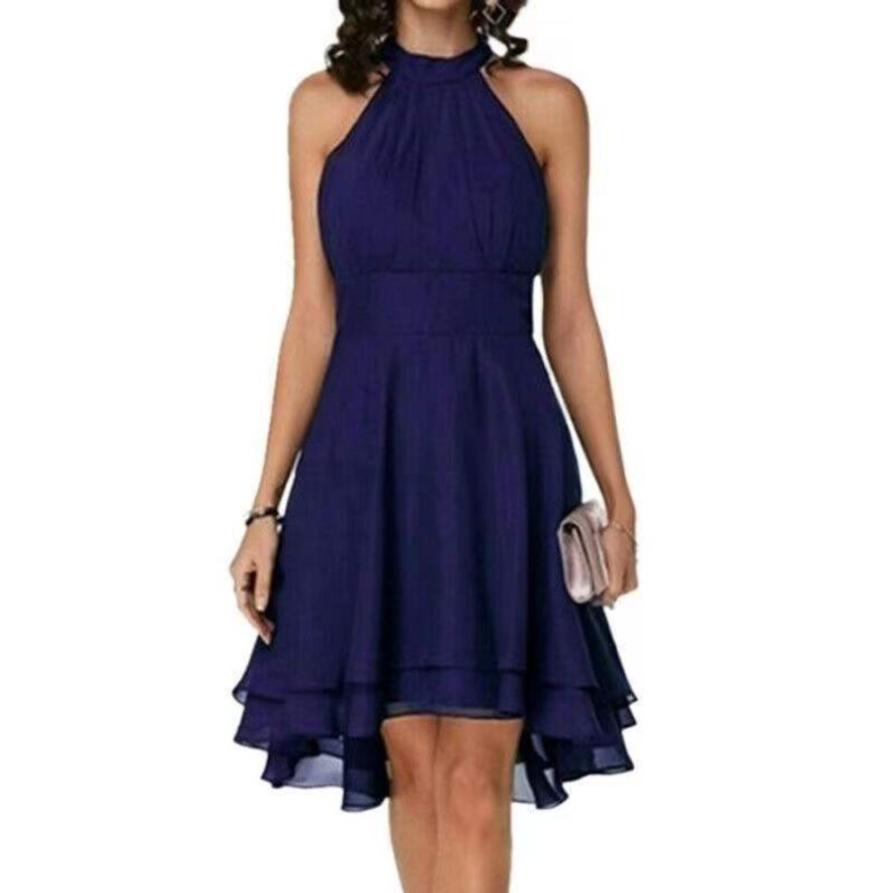 (navy blue, XL) Women's Fashion Summer Solid Color Cutout Back Layered Sleeveless Chiffon Party Evening Dresses Plus Size S-5xl