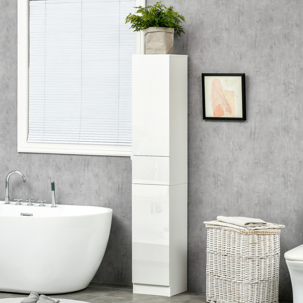 Kleankin White High Gloss Tall Bathroom Cabinet With Adjustable Shelves