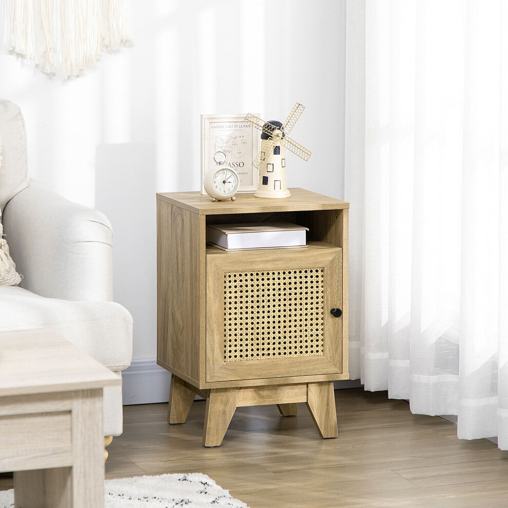 Homcom Nightstand, Rattan Bedside Table W/ Cabinet, Shelf, Natural