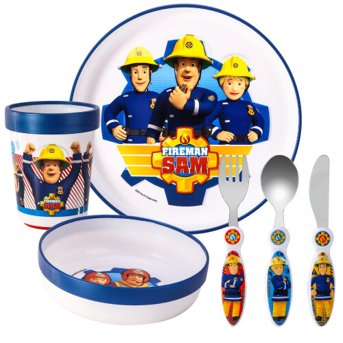 Fireman Sam Fireman Sam Kids 6 Piece Cutlery Set Plate/Bowl/Cup/Knife/Fork/Spoon