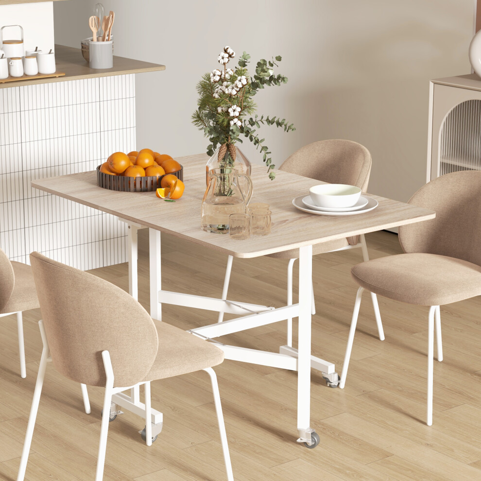 Homcom Oak Drop Leaf Dining Table On 6 Wheels – Folds To 26Cm, Seats 6, Steel Frame, 120X80cm, 83A-049V80ak