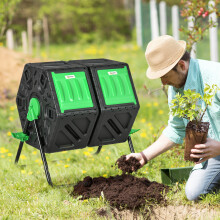 Outsunny 130L Dual-Chamber Rotating Compost Bin with 24 Ventilation Holes, 360-degree Turn, Steel Base - Model 845-916V01BK