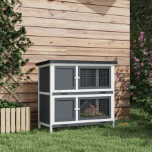 PawHut Rabbit Hutch, Double Decker Cage w/ Roof, Divider, Ramp, Grey