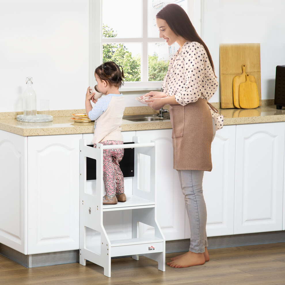 HOMCOM 2 in 1 Kids Kitchen Step Stool Helper with Safety Rail, White
