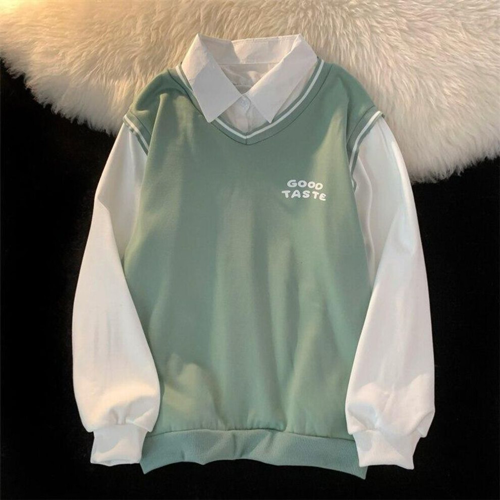 (L, green) harajuku letter print Patchwork hoodies women clothes autumn winter fleece Sweatshirt preppy style Long Sleeve black white green oversized hoodie