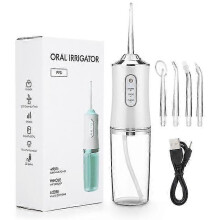 (white)Oral Irrigator Portable Dental Water Flosser USB Rechargeable Water Jet Floss Tooth Pick 4 Jet Tip 220ml 3 Modes IPX7 1400rpm
