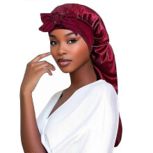 (Claret)Long Satin Bonnet for Women - Double Layer Elastic Silk Bonnet for Braids Hair Sleeping Cap with Tie Band