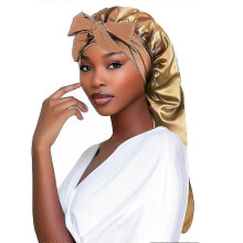 (Khaki)Long Satin Bonnet for Women - Double Layer Elastic Silk Bonnet for Braids Hair Sleeping Cap with Tie Band