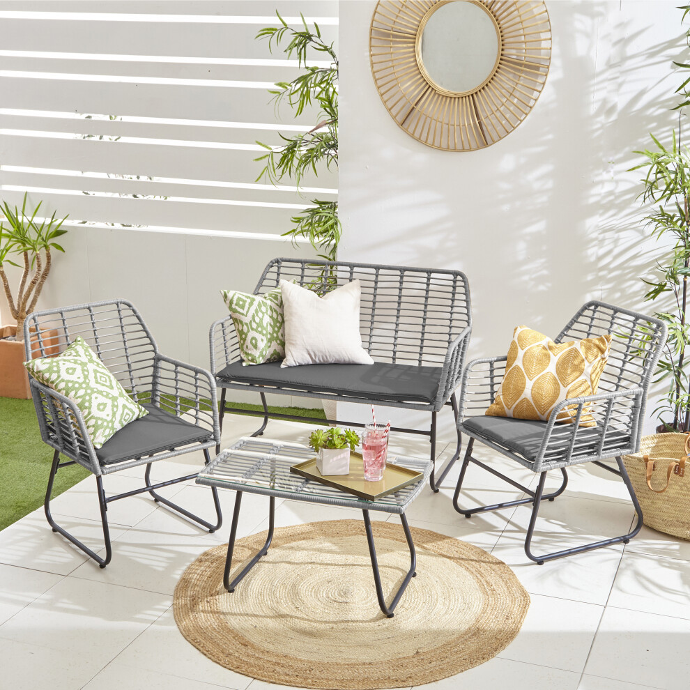 (Grey) Neo 4 Piece Wicker Bamboo Style Garden Set