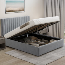 ((Grey, Small Double)) Ottoman Bed Storage Bed Frame Gas Lift Velvet Fabric