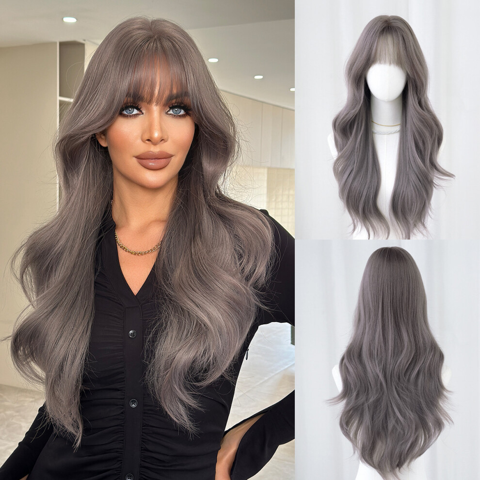 ((Model Features) Mist Gray Purple_70cm) New wig women gray purple long curly hair wavy high quality wig natural full head cover