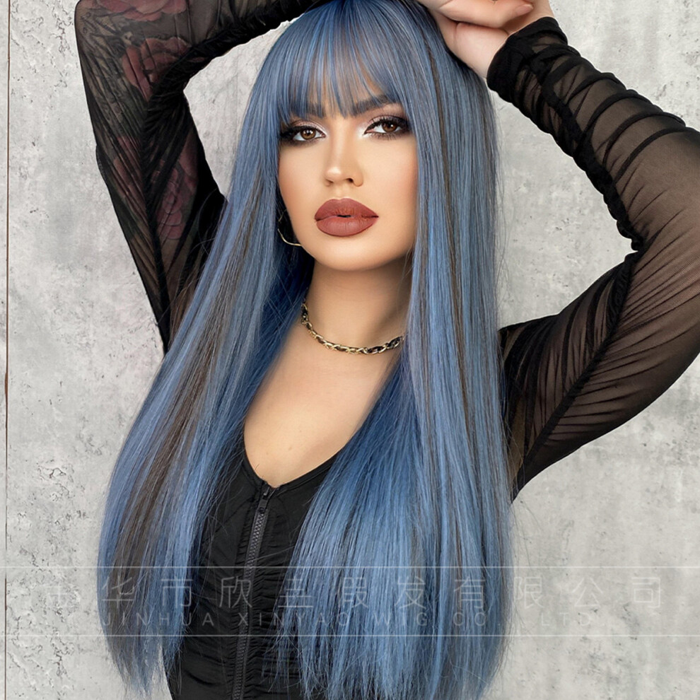 Unisex Blue ((Model Features) Mermaid _61Cm 24Inch) New European And American Wigs For Women With Long Straight Hair 61Cm Mermaid Highlighted Chemical Fi