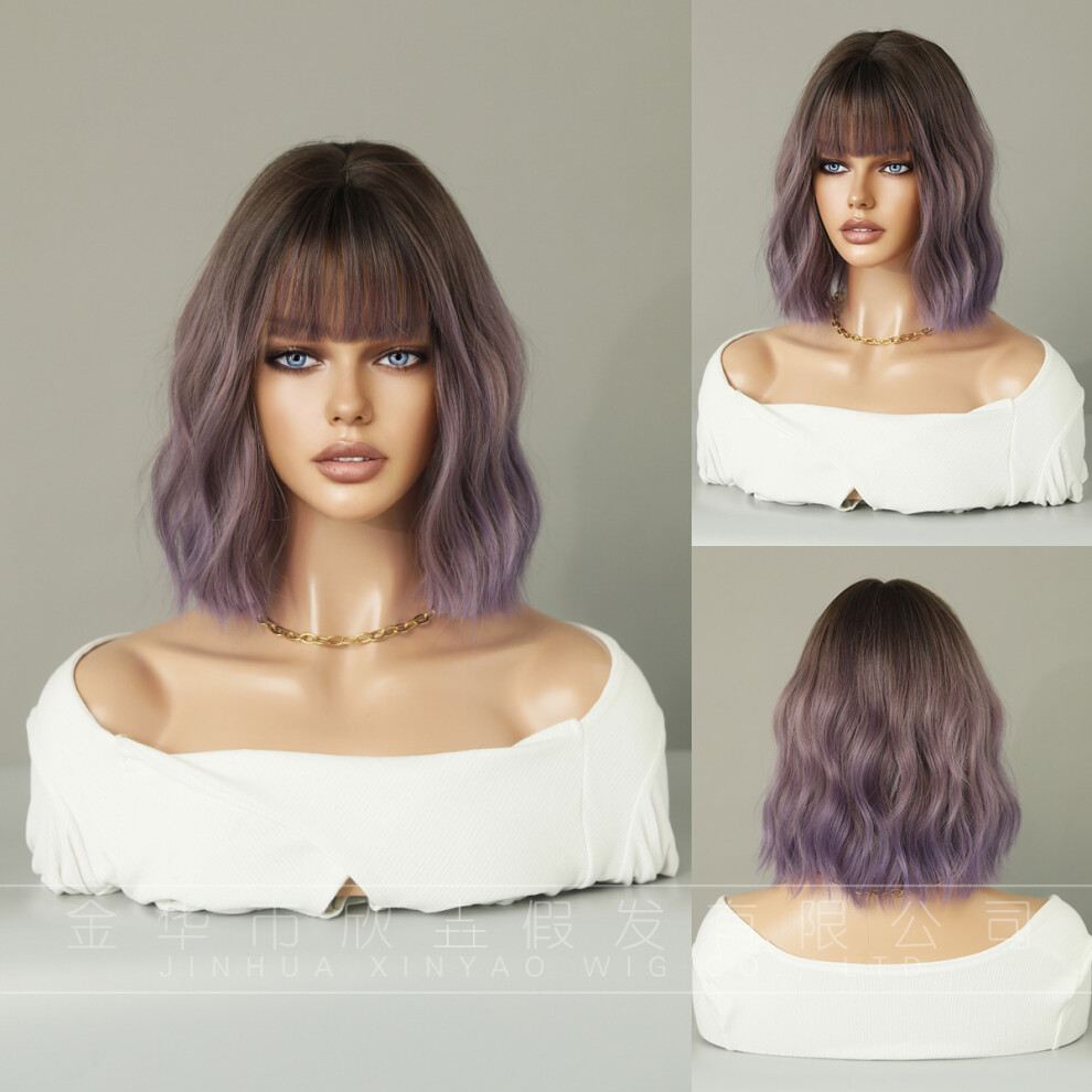 (Fog and purple gradient_33cm 12.99inch) New purple water ripples wig women pear blossom short curly hair air chemical fiber wig hair cover hair wig