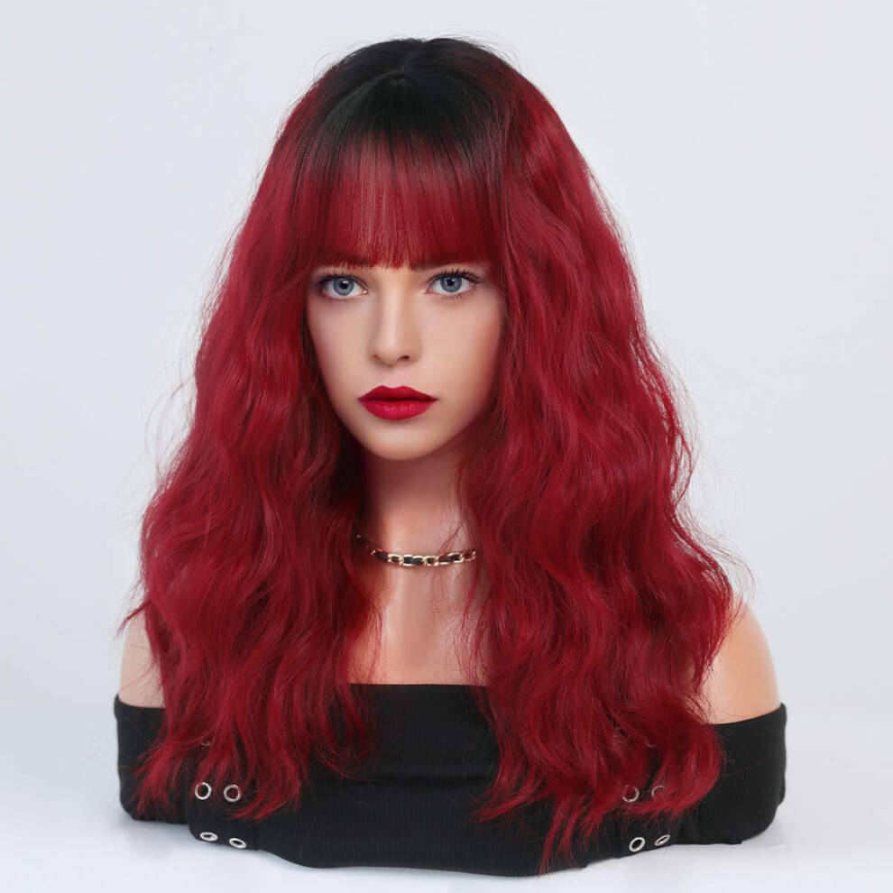 Unisex Blue (Red-Brown Top Dyed Black_54cm 21.25Inch) New Wig Women Haze Wavy Curly Medium Curly Hair High Temperature Silk Wig Cover Wigs
