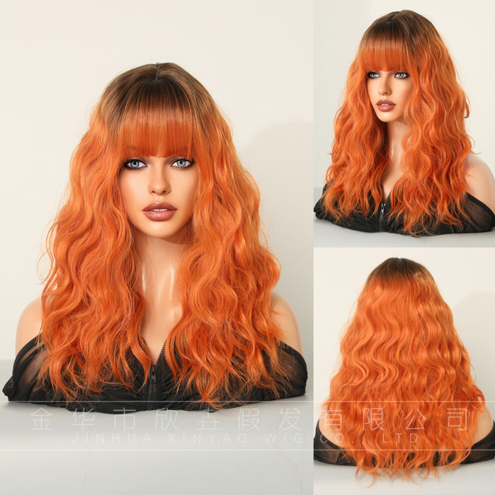 Unisex Blue,Orange (Dirty Orange Top Dye_54cm 21.25Inch) New Wig Women Haze Blue Wavy Curly Medium Curly Hair High Temperature Silk Wig Cover Blue Wigs