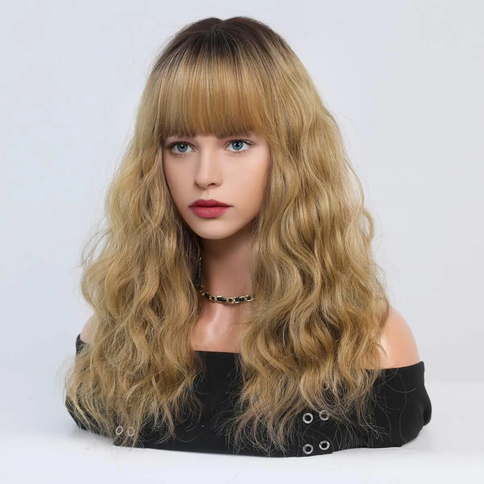 Unisex Blue (Dark Gold_54cm 21.25Inch) New Wig Women Haze Wavy Curly Medium Curly Hair High Temperature Silk Wig Cover Wigs
