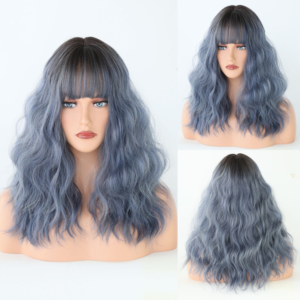 Unisex Blue ((Model Features) Haze _54Cm 21.25Inch) New Wig Women Haze Wavy Curly Medium Curly Hair High Temperature Silk Wig Cover Wigs