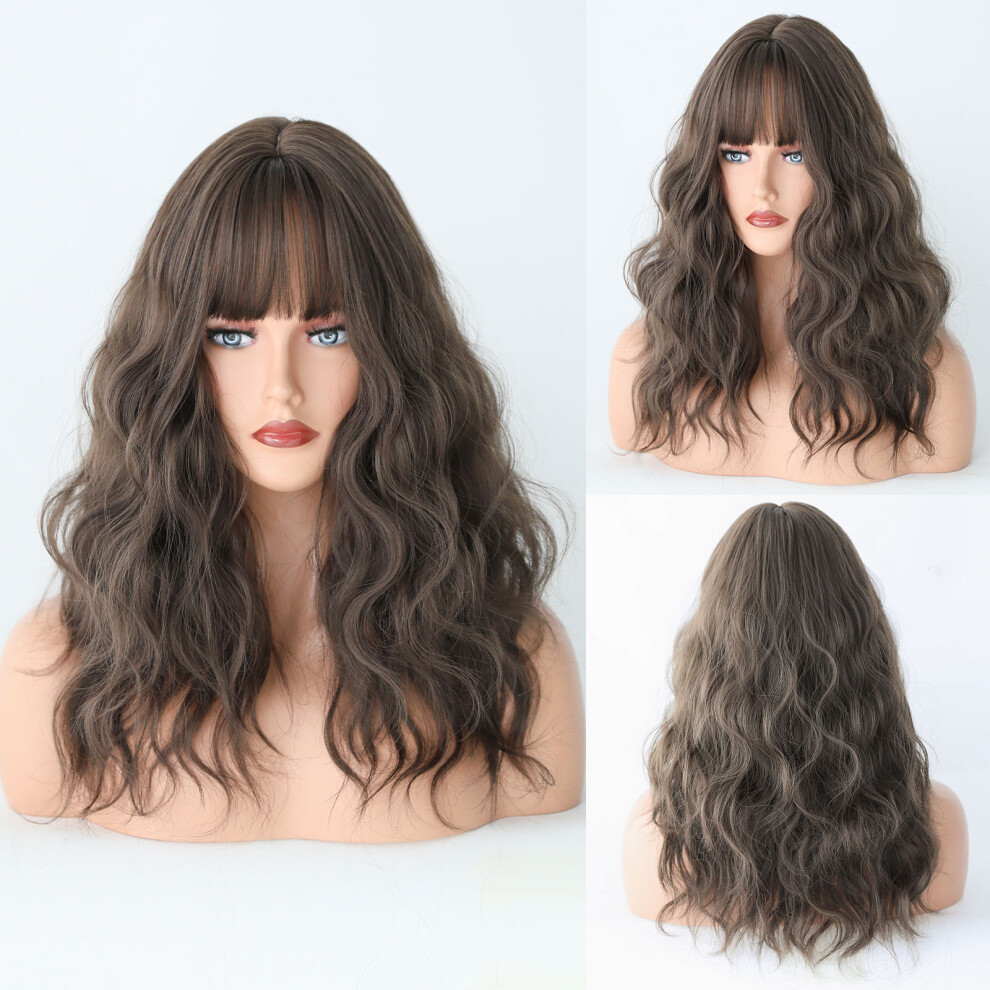 Unisex Blue (Cold Brown_54cm 21.25Inch) New Wig Women Haze Wavy Curly Medium Curly Hair High Temperature Silk Wig Cover Wigs
