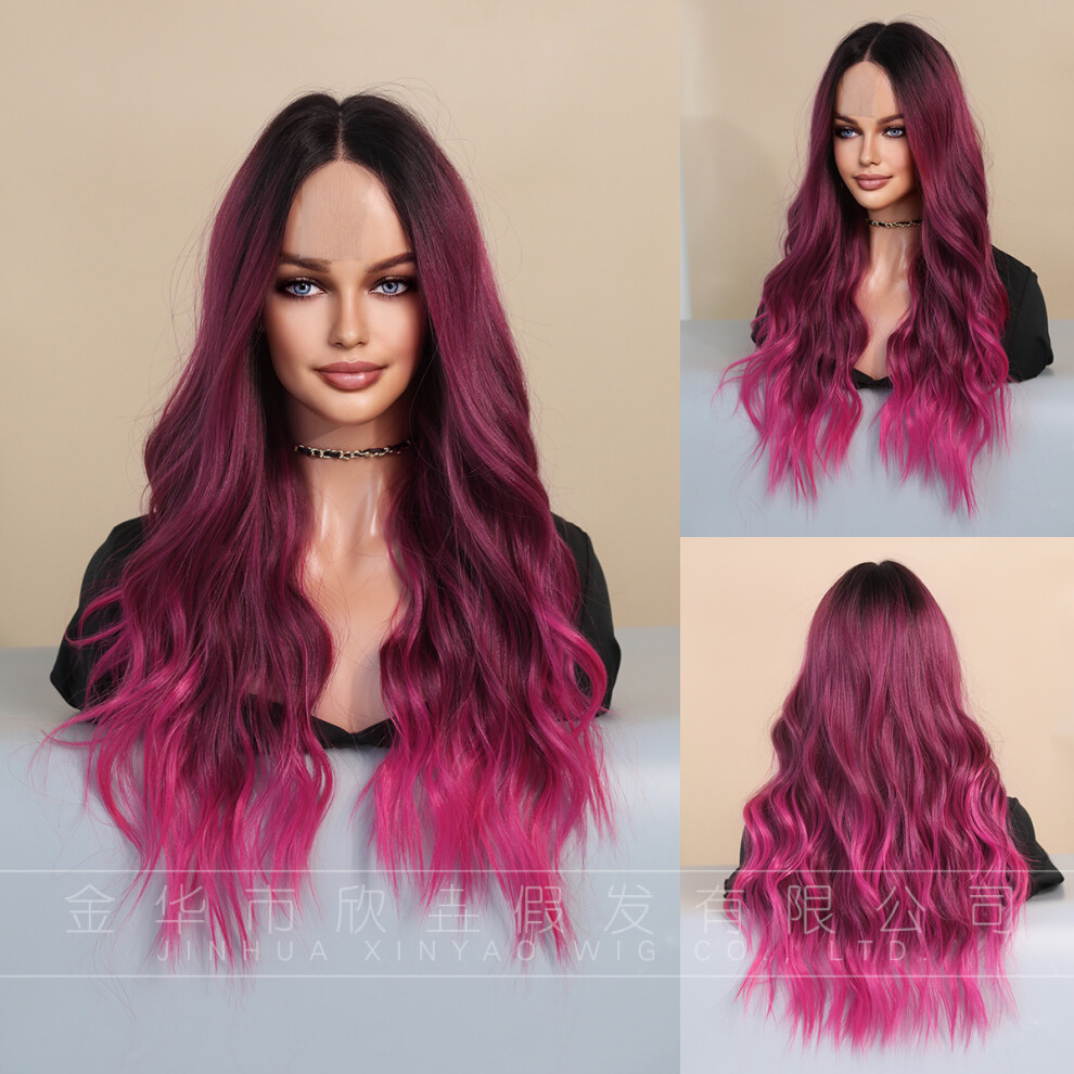 (Rose powder gradient_67cm 26.37 inch) New lace wig starry sky purple highlight wavy curly hair chemical fiber wig full head cover Small Lace Wig