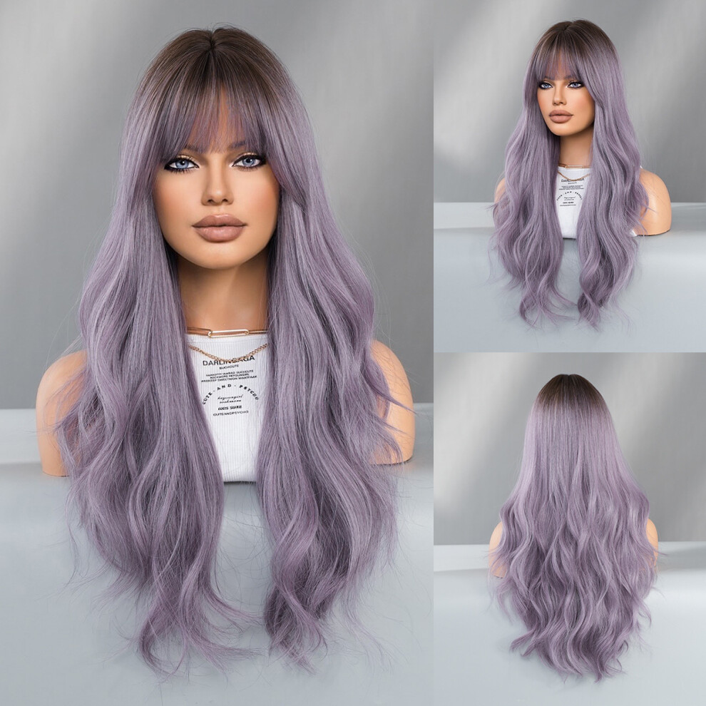 Unisex Purple (Short Style - Gray Top Dyeing_60cm 24Inch) New European And American New Wig For Women Gray Long Curly Hair Top Dyed Chemical Fiber Mec