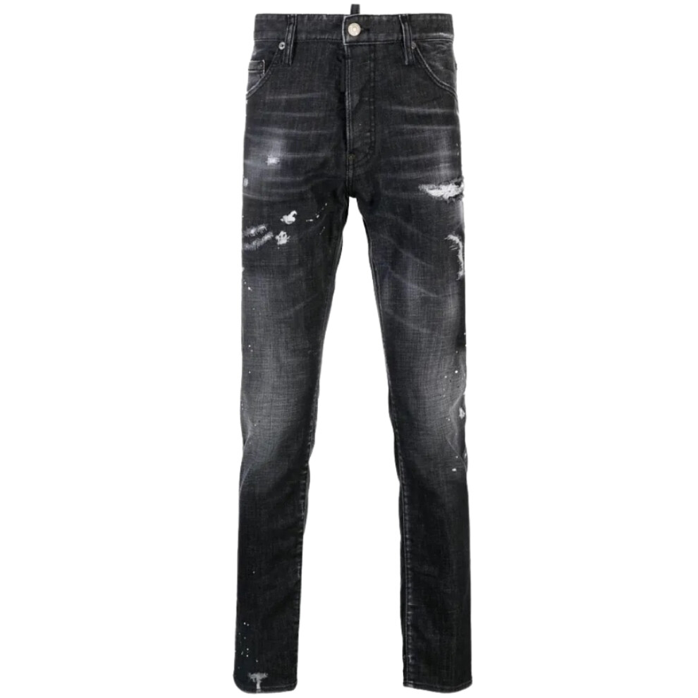 (W36 L30) Dsquared2 Cool Guy Jean Black Paint Splattered Ripped Wash Jeans