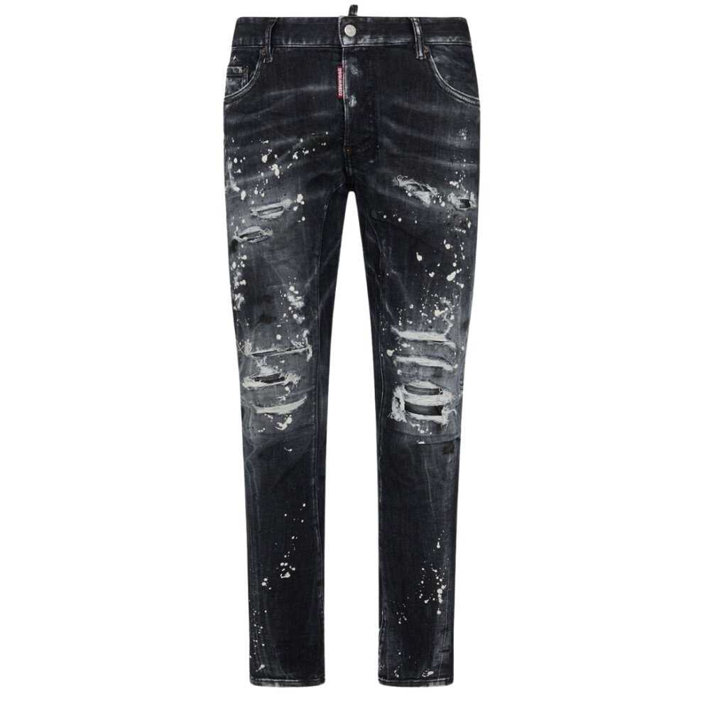 (W44 L30) Dsquared2 Tidy Biker Jean Paint Splash Reinforced Ripped Black Jeans
