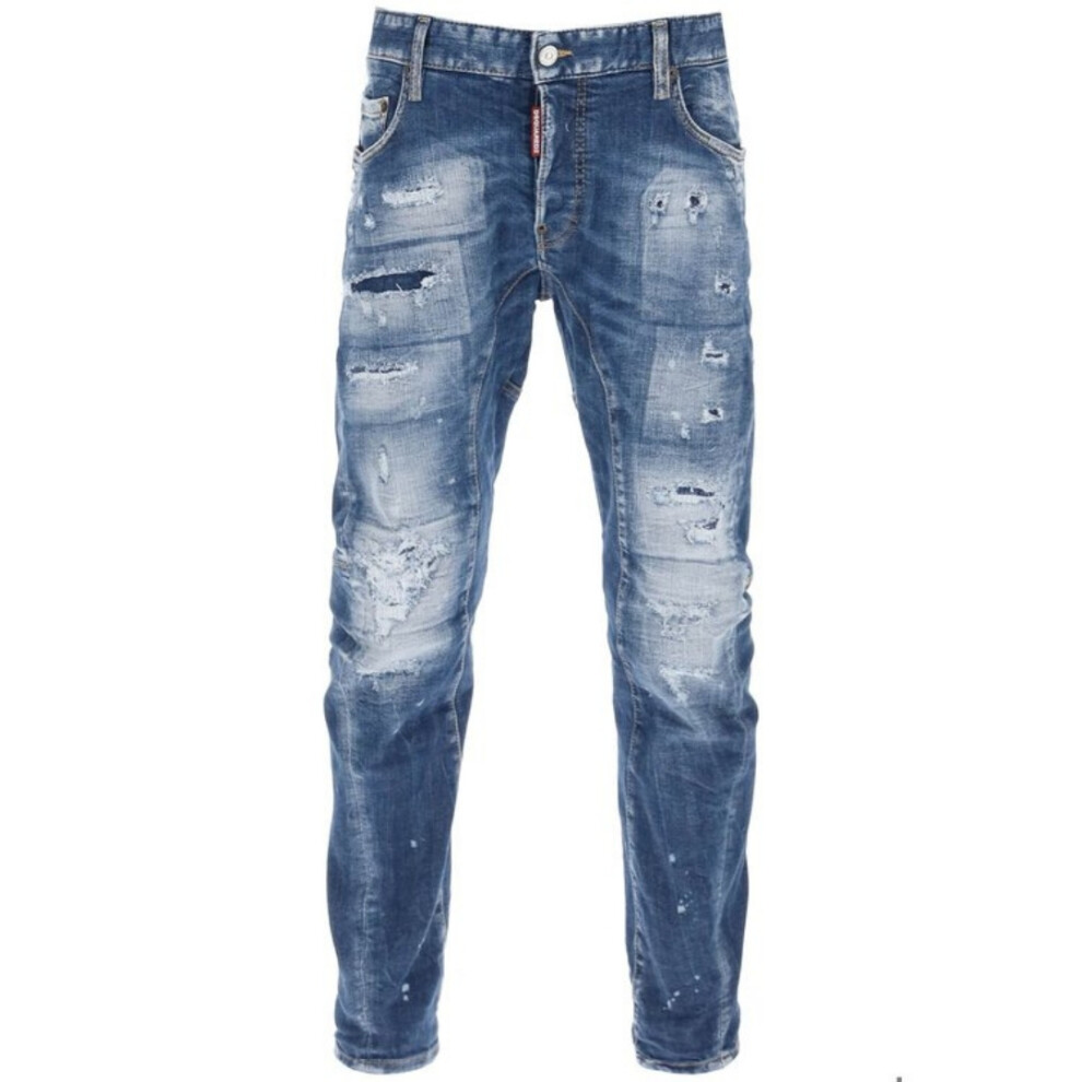 (W40 L30) Dsquared2 Tidy Biker Jean Paint Splash Reinforced Ripped Blue Jeans