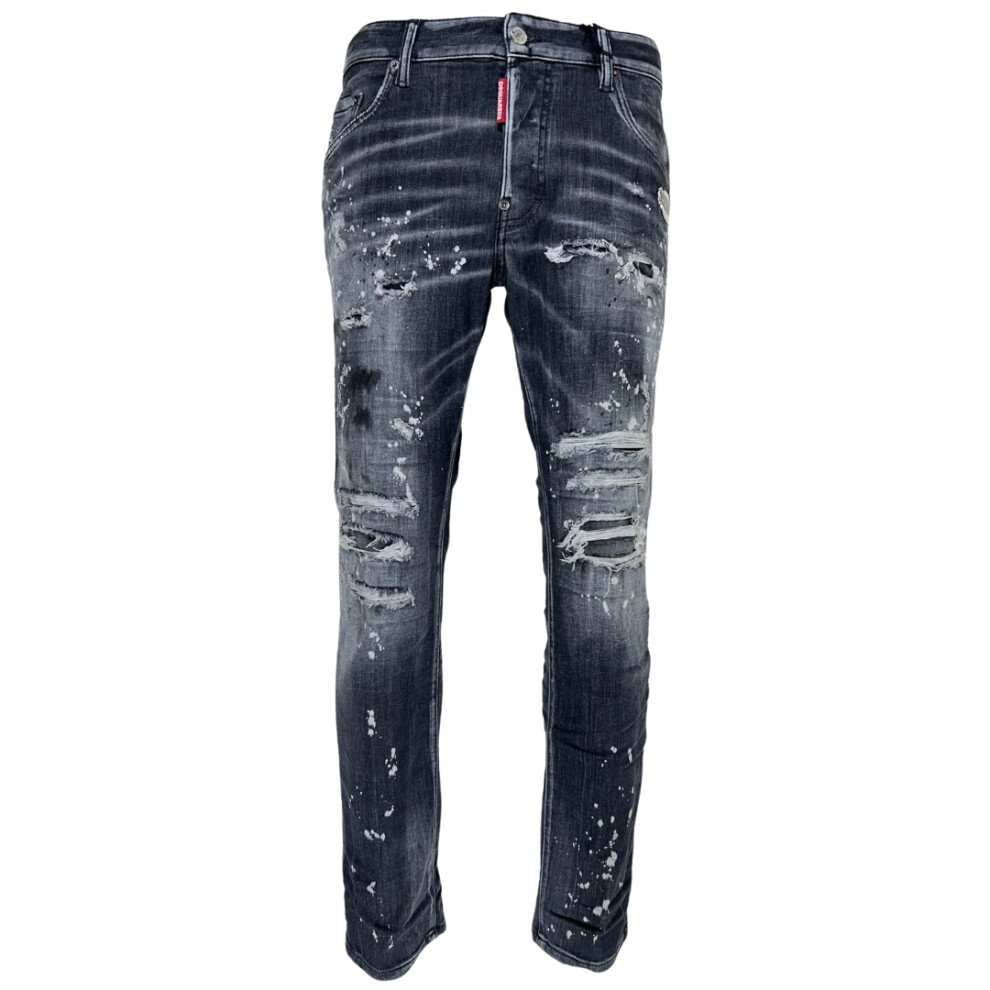 (W42 L30) Dsquared2 Skater Jean Reinforced Ripped Paint Splatter Black Wash Jeans