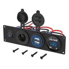 Pannello USB 4 in 1 da 12 V + voltmetro a LED e doppia presa di carica, accendisigari e interruttore a levetta, blu
