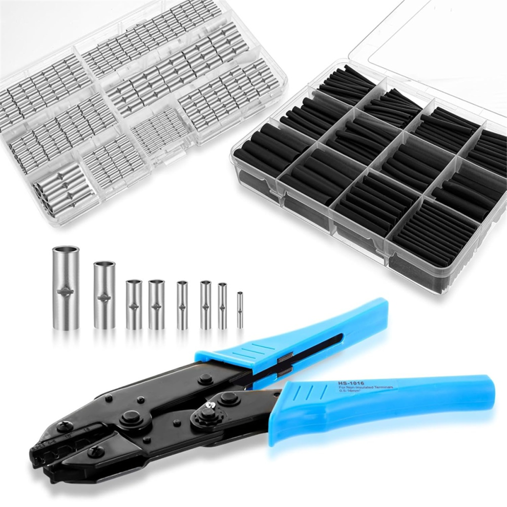 Uninsulated Butt Connector Kits Wire Splice Connectors,Heat Shrink Tubing Crimping Tool For 26 To 6 Gauge 4852394611708