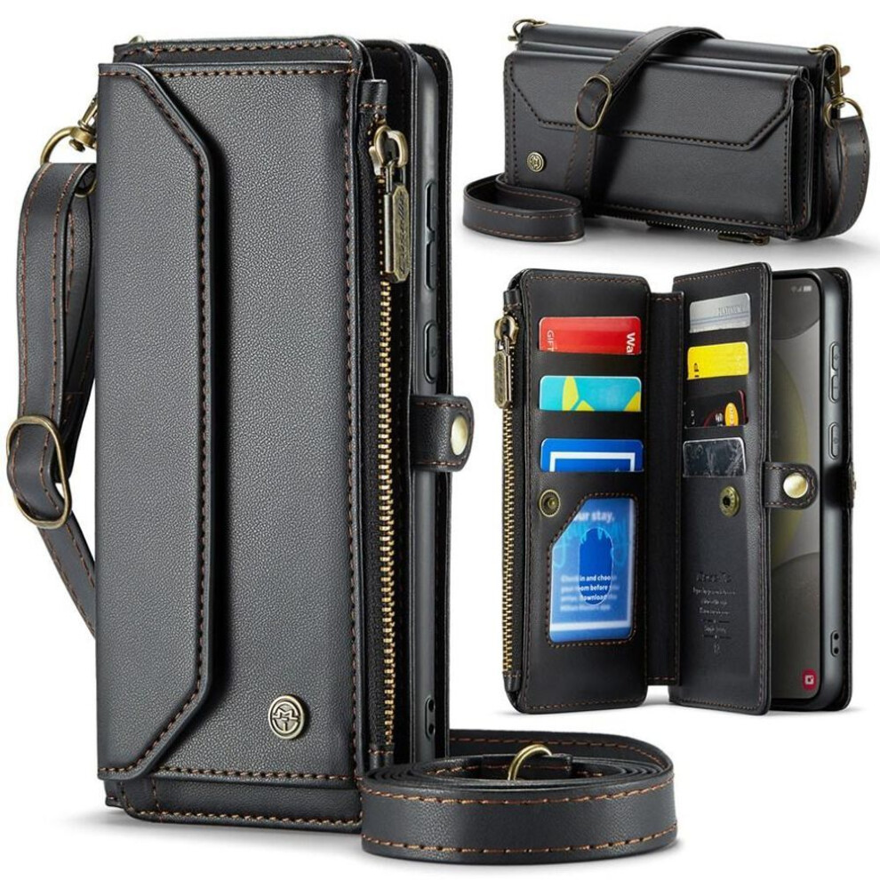 (black, Samsung Galaxy S24 FE) Flip Leather Phone Case for Samsung Galaxy Z Fold 5 4 S24 Plus S23 Ultra S22 S21 S20 FE iPhone 15 14 Plus 13 12 Pro Max Zipper Wallet Card Cover Coque