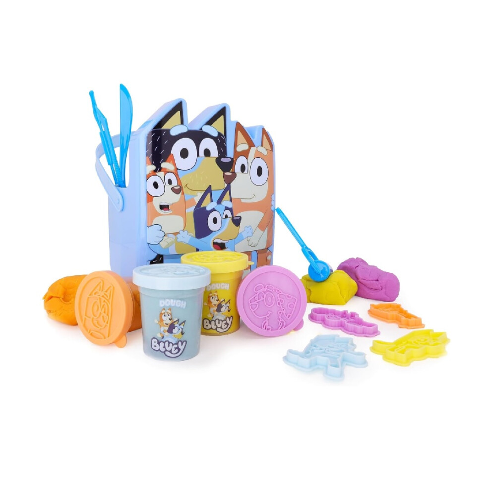 Bluey Children's Dough Bucket Activity Kit With Character Stamp Lids, 4 Vibrant Doughs, Tools, And & Bingo Fun (Ages 3+)